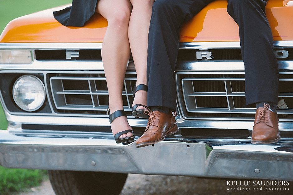 classic truck engagemen pictures with champagne